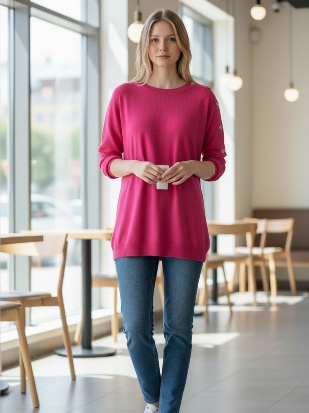 Cable & Gauge Hot Pink Button Shoulder Sweater | XL 💖